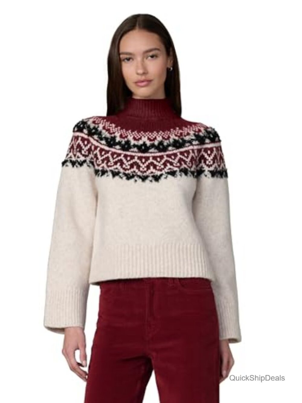 Women's Fair Isle Wool Blend Sweater Funnel Neck Relaxed Fit Long Sleeve